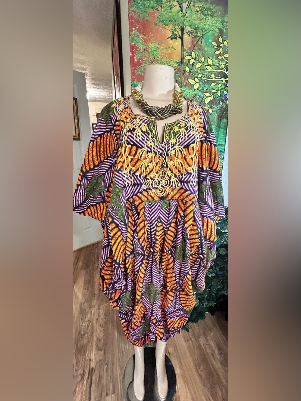 Vibrant Orange & Purple Printed Women's Oversized Embroidered V Neck Dress